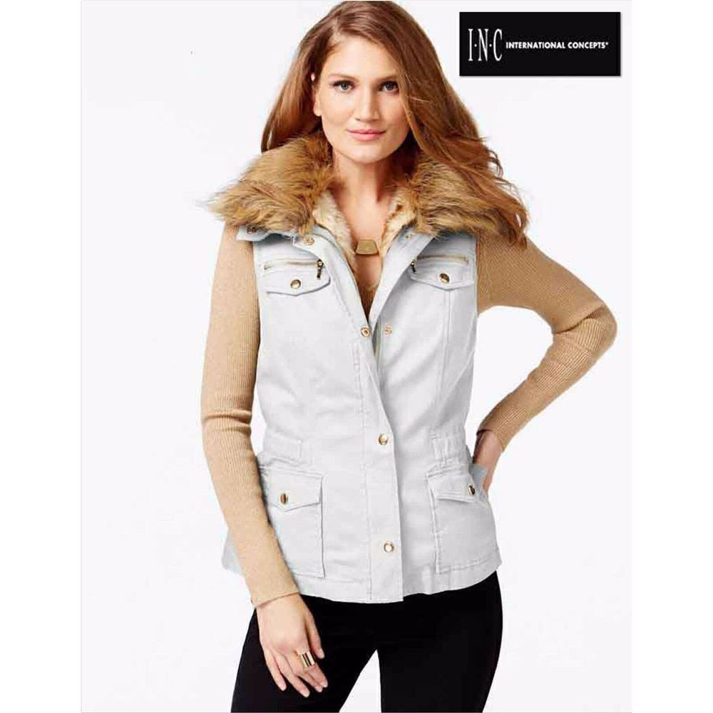 NWT INC Vintage Gorgeous Petite M Convertible Faux-Fur Anorak Vest White 4 in 1